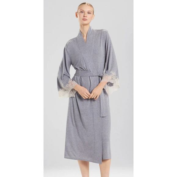 Natori Soft Luxe Shangra-La Tencel Robe Blue Belted Lace Trim Sleeves Sz Small - Picture 1 of 16